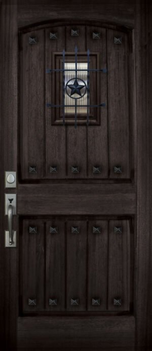 Arch 2 Panel V-Grooved with Speakeasy & Clavos - 6'8" Wood Door